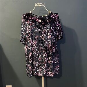 EVRI Navy Velvet Top with Purple Floral Design